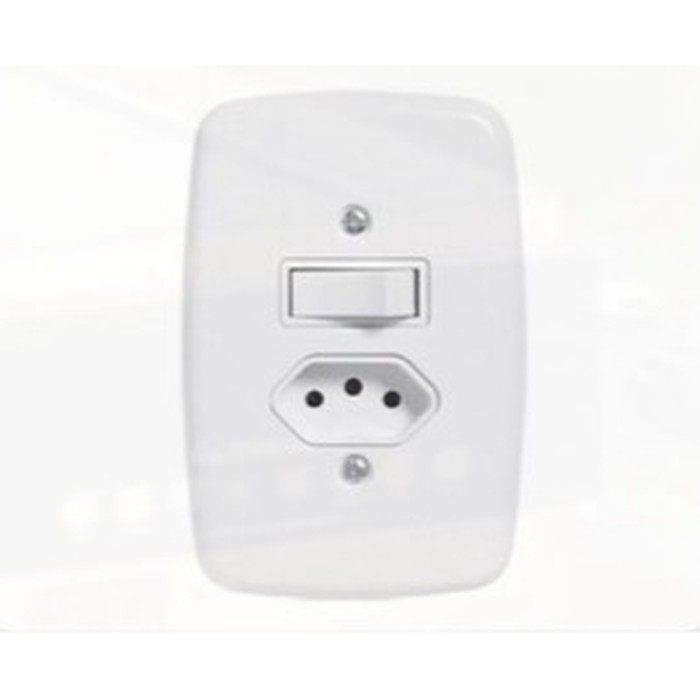 Interruptor 1 tecla simples + tomada 2P+T 10A c/ placa Ideale embutir branca Pluzie