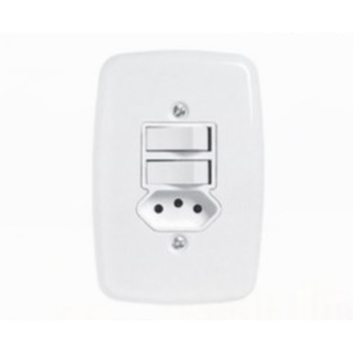 Interruptor 2 teclas simples + tomada 2P+T 10A c/ placa Ideale embutir branca Pluzie