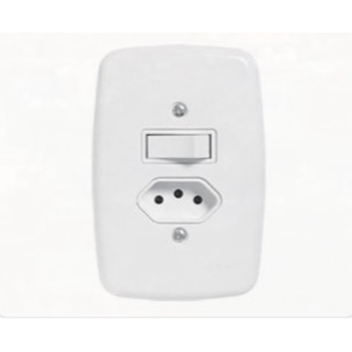 Interruptor 1 tecla paralela + tomada 2P+T 10A c/ placa Ideale embutir branca Pluzie