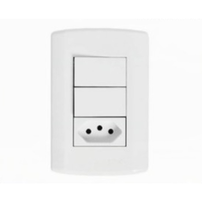 Interruptor 2 teclas simples + tomada 2P+T 10A Pluzi modular c/ placa branca Pluzie