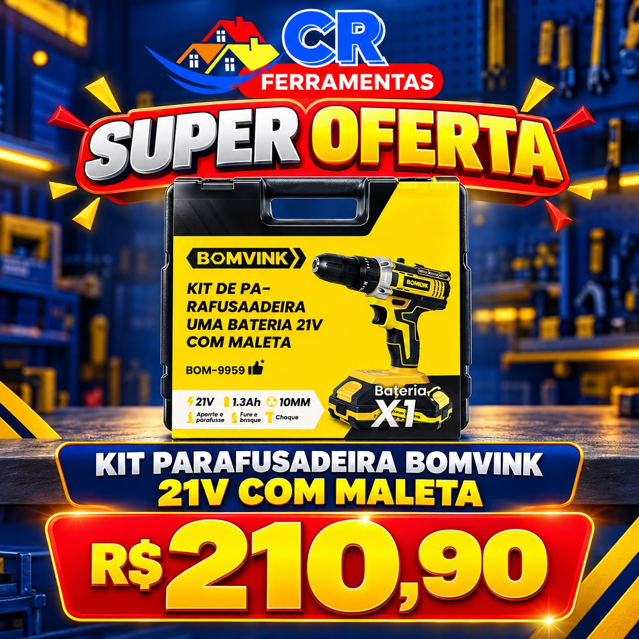 Kit Parafusadeira Bomvink 21V 1 bateria com maleta BOM-9959
