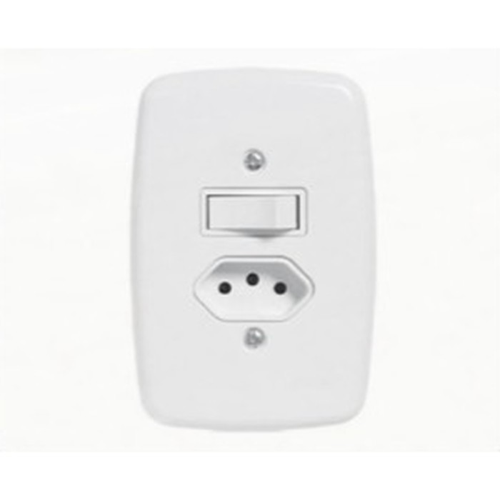 Interruptor 1 tecla simples + tomada 2P+T 20A c/ placa Ideale embutir branca Pluzie